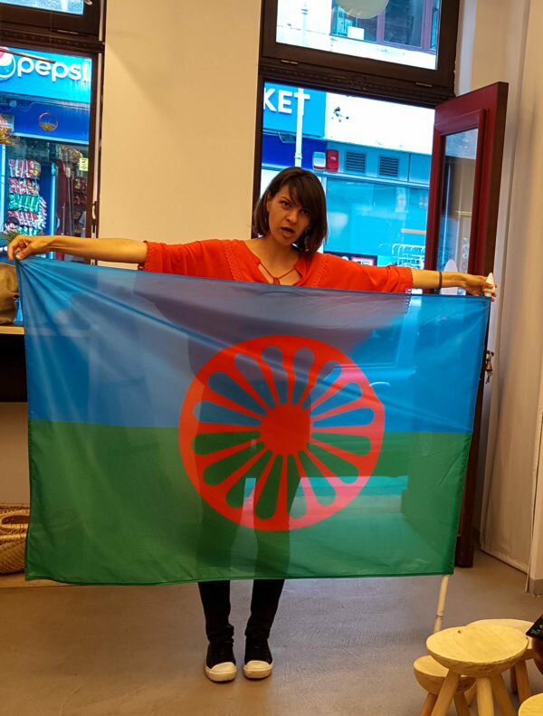 romani flag shown by our tour guide in bucharest 