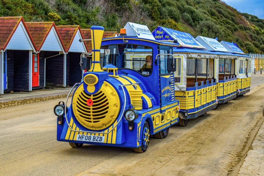 land train on beach in Bournemouth